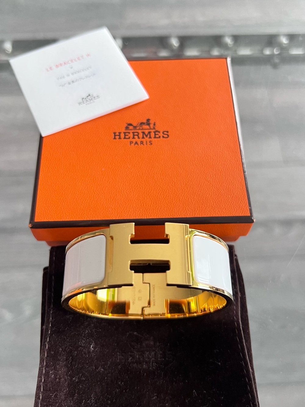 Hermes Clic Clac H Wide Enamel Bracelet in White and Gold